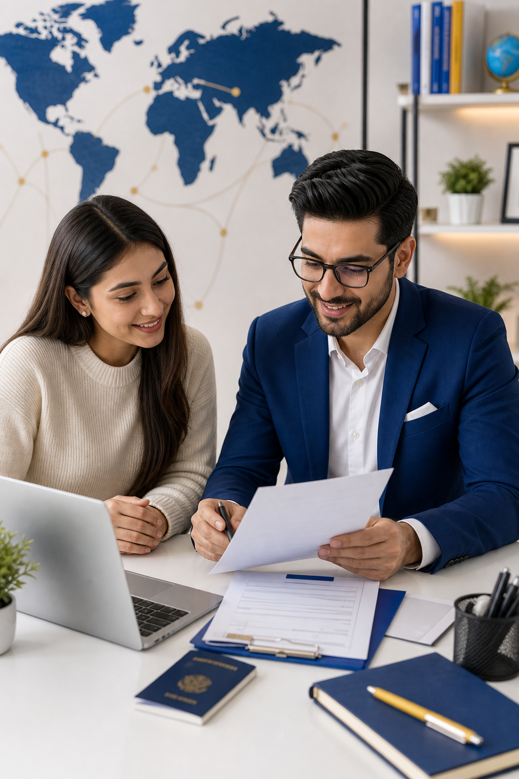 Education consultant reviewing study abroad documents with a student